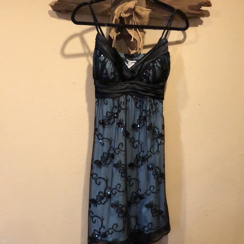 Pretty Blue & Black Lace overlay and sequins Dress